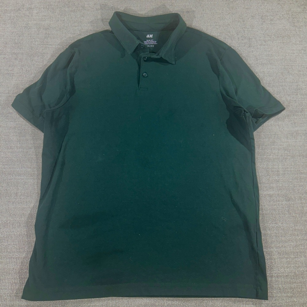 H&M Polo Shirt Mens Large Green Excellent Slim Fit Short Sleeve Cotton Solid